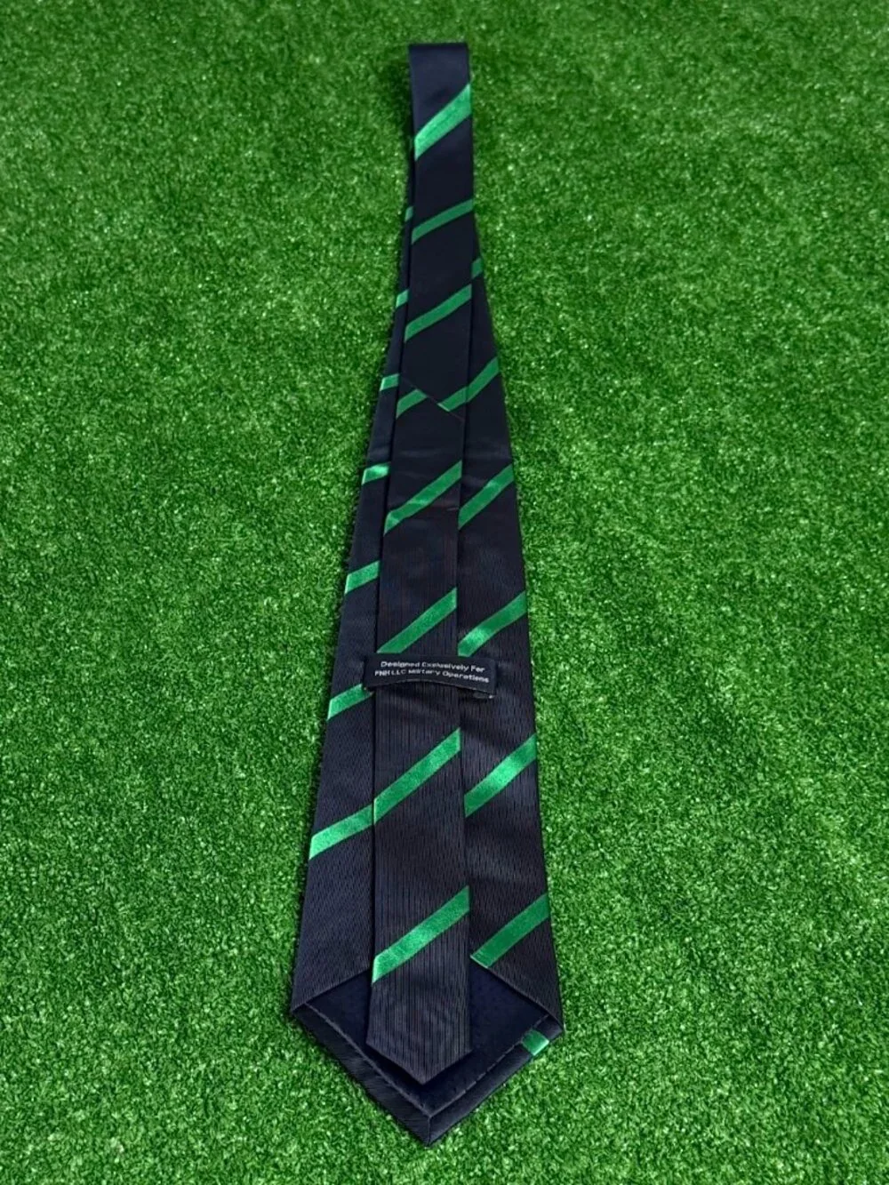Rare FNH LLC Military Operations Monogram Silk Regimental Tie Navy Green Silk